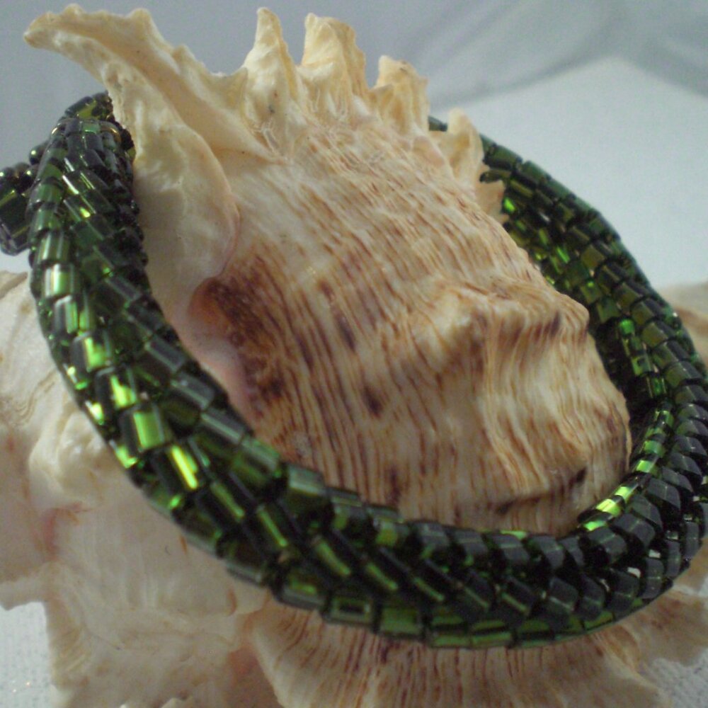 Forest Green Herringbone Slinky Bracelet; Herringbone Rope, Hand Beaded